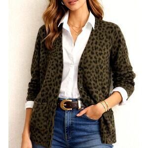 J.Jill Leopard Print Cardigan Sweater Women XS Hunter Black Button Up Pockets